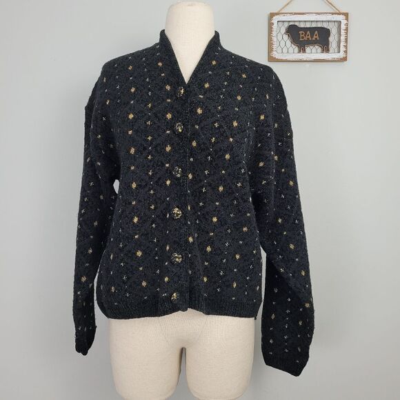 Vtg Express Tricot Wool Blend Sparkle Cardigan Sz M Soft Plush Black Gold Italy - Picture 1 of 8